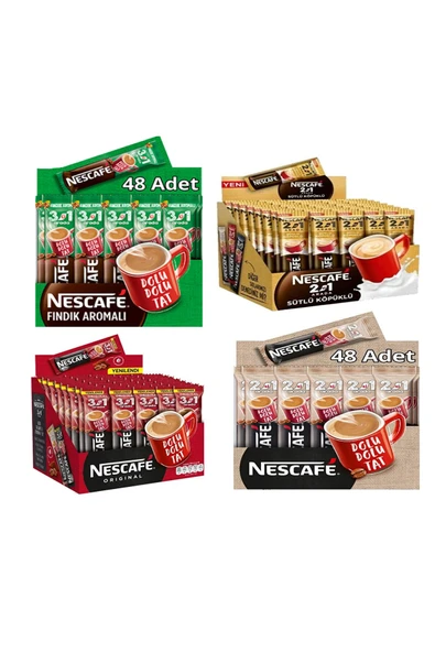 Nescafe Karma Set Fındıklı Sütlü Şekerli Sade Karma Paket 4 Paket 48'li Set ürün görseli 1
