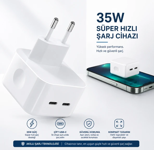 35W Çift USB-C Bağlantı Noktalı Güç Adaptörü Tek Adaptör Çift Güç Profesyonel Güç Yönetimi ürün görseli 1