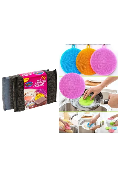 MyClean Sihirli Inox Paslanmaz Telli Sünger 2li + 2 Adet Cmt Tükenmeyen Silikon Bulaşık Yıkama Fırçası ürün görseli 1