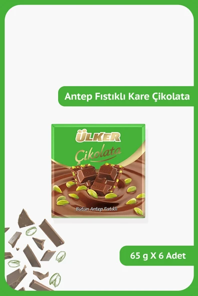 Ülker Antep Fıstıklı Sütlü Kare Çikolata - Bütün Fıstıklı - 65 gram - 6 Adet ürün görseli 1