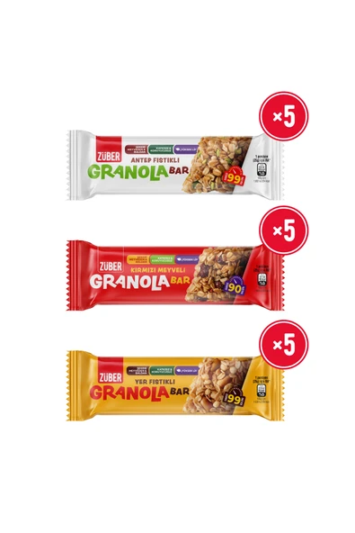 Züber Granola Bar Deneme Paketi 25g x 15 Adet (Antep Fıstıklı, Kırmızı Meyveli, Yer Fıstıklı) ürün görseli 1
