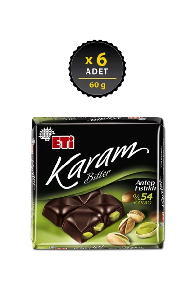 Eti Karam %54 Kakaolu Antep Fıstıklı Bitter Çikolata 60 g x 6 Adet ürün görseli 1