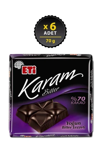 Eti Karam %70 Kakaolu Bitter Çikolata 70 g x 6 Adet ürün görseli 1