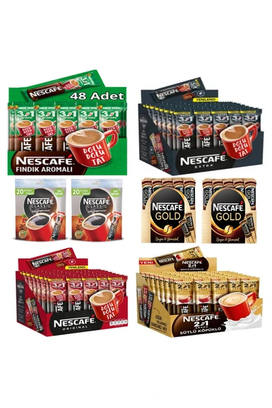 Nescafe Extra Fındıklı Sütlü Köpüklü Şekerli Stick Sade Gold Karma Set 48'li Paket ürün görseli 1