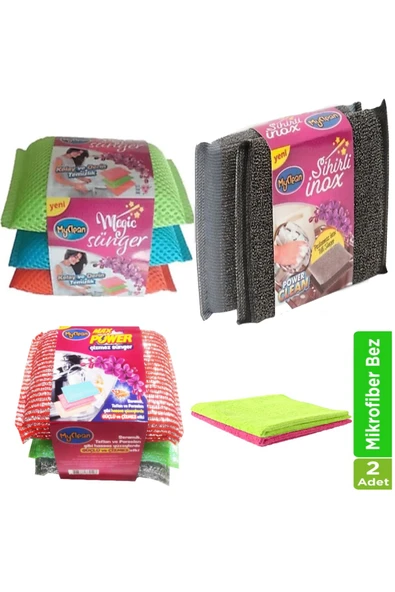 MyClean Bulaşık Seti Inox Sünger(2'li) Sihirli Sünger(3'lü)telli Sünger(3'lü) Fiberoptik Bez(2'li) ürün görseli 1