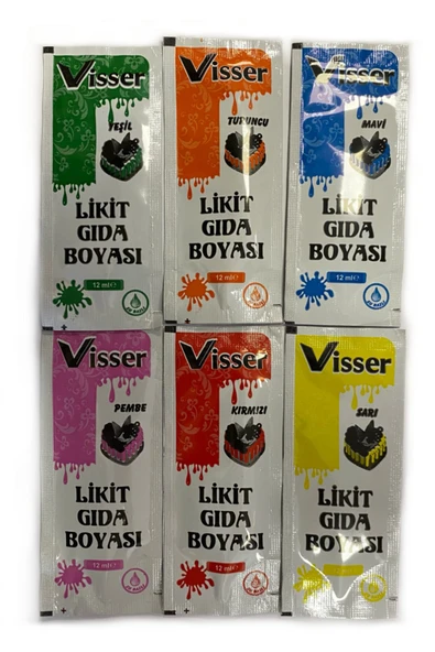 Visser Likit Gıda Boyası 6 Renk Yeşil-turuncu-mavi-pembe-kırmızı-sarı ürün görseli 1