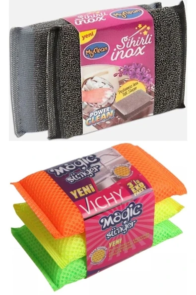 MyClean Sihirli Inox Paslanmaz Telli Sünger 2li + Vichy Macig 3'lü Sünger ürün görseli 1