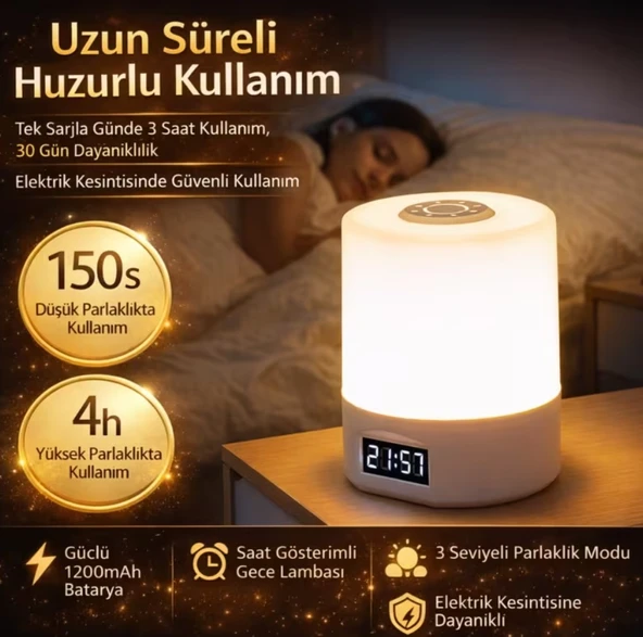 ŞARJLI DOKUNMATİK SAATLİ MASA LAMBASI GECE LAMBASI - Resim 4
