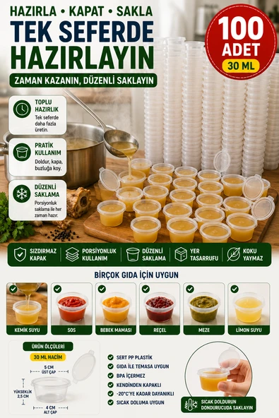 100'lü Set I 30 Ml Kendinden Kapaklı Şeffaf Sosluk 50’li Set Sızdırmaz Mini Saklama Kabı BPA’sız ürün görseli 1