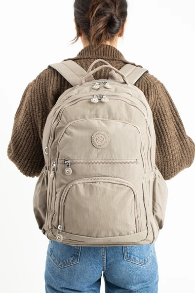 Sedef çanta Ss 3013 Unisex Suya Dayanıklı Krinkıl Kumaş Çok Gözlü Orta Boy Laptop Okul Ve Sırt Çantası KUM ürün görseli 1