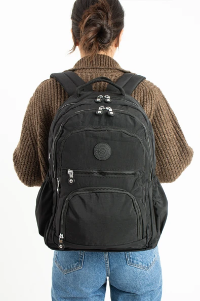 Sedef çanta Ss 3013 Unisex Suya Dayanıklı Krinkıl Kumaş Çok Gözlü Orta Boy Laptop Okul Ve Sırt Çantası SİYAH ürün görseli 1
