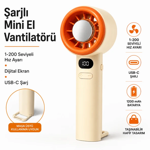 Şarjlı Mini El Vantilatörü Dijital Ekranlı 1-200 Seviyeli Hız Ayarlı USB-C Şarjlı Taşınabilir Masaüstü ve El Tipi Fan 1200 mAh Bataryalı ürün görseli 1