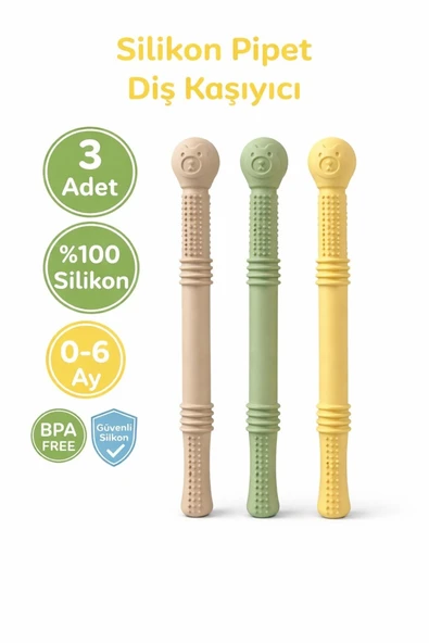 ERMA HOME Silikon Pipet & Diş Kaşıyıcı Set – 3’lü (Bej, Yeşil & Sarı) ürün görseli 1