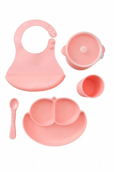 CKM silikon 5li silikon bebek besenlenme seti pembe (bölmeli mama tabağı, sızdırmaz Kase, Kaşık, Bardak, önlük) ürün görseli 1