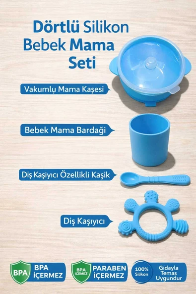 CKM silikon 4lü Silikon Mama Seti- Vakumlu Mama Kasesi Kaşığı Bardak Ve Diş Kaşıyıcı Set ürün görseli 1