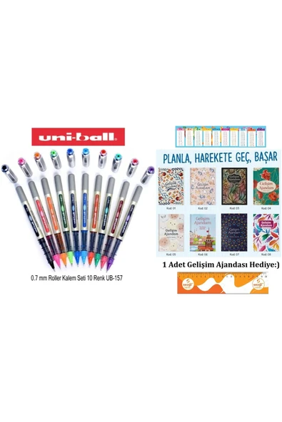 Uniball Eye Fine 0.7 Mm Roller Kalem Seti 10 Adet Ub-157 ve 8 Çeşitten 1 Adet Hediye Ajanda ürün görseli 1