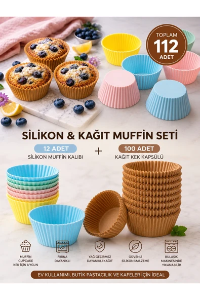 ermaslicon Muffin Cupcake Seti | 12’li Silikon Kalıp + 100’lü Kağıt Kek Kapsülü ürün görseli 1