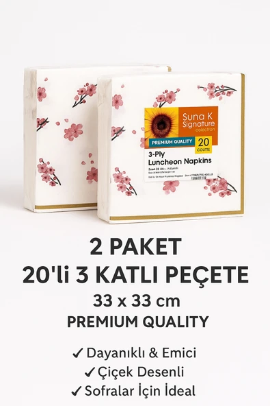 ermaslicon 2 Paket – 20’li 3 Katlı Peçete (33x33 cm) – Premium Quality – Çiçek Desenli ürün görseli 1