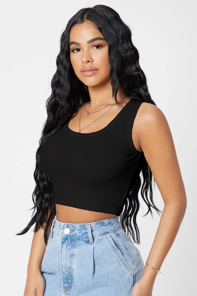 Kadın Siyah Kare Yaka Crop Top Bluz ürün görseli 1