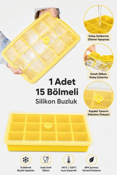 ERMA HOME Silikon Kapaklı Buzluk Kalıbı 15 Li Sarı ürün görseli 1