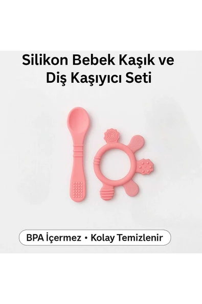 ermaslicon Bebek Diş Kaşiyici Ve Kaşik Seti - Parmak Model Dişlik Ve Mama Kaşiği Pembe ürün görseli 1