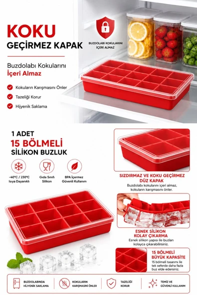 ERMA HOME Silikon Kapaklı Buzluk Kalıbı 15 Li Kırmızı ürün görseli 1