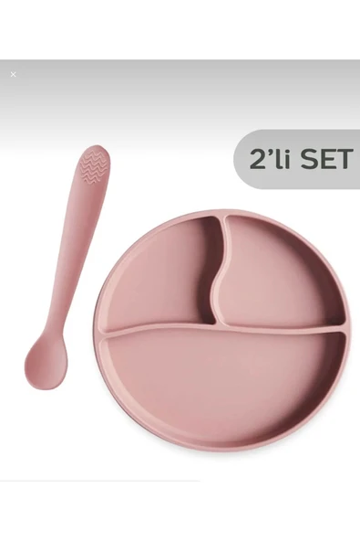 ermaslicon 2’li Silikon Mama Bebek Beslenme Seti- Diş kaşıyıcısı kaşık Vakumlu Tabak Pembe ürün görseli 1