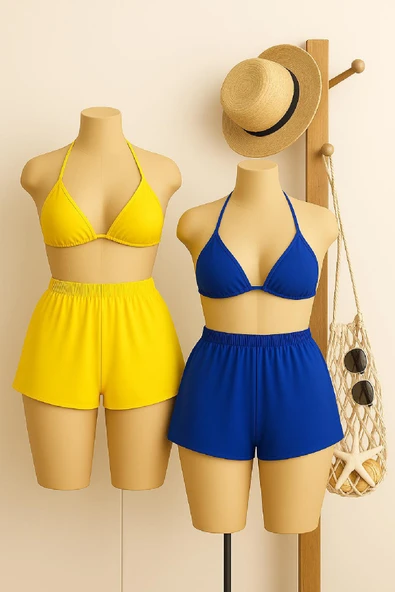Kadın Sarı ve Mavi Şortlu Belden ve Boyundan Bağlamalı Bikini Takımı ürün görseli 1