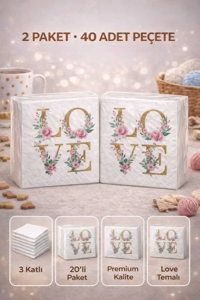 SUNA K Love Desenli 2 Adet 3 Katlı Premium Peçete ürün görseli 1