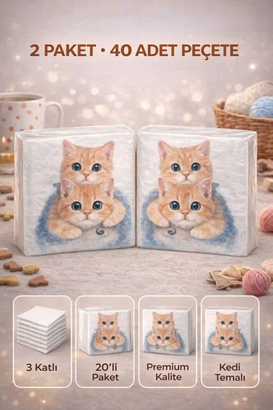 SUNA K 2 Paket Kedi Baskılı Kağıt Peçete ürün görseli 1