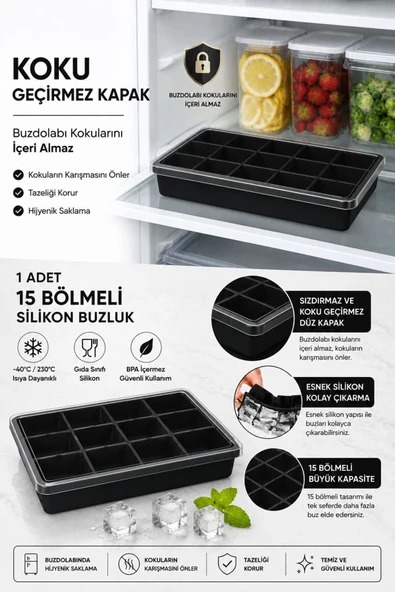 ERMA HOME Silikon Kapaklı Buzluk Kalıbı 15 Li Siyah ürün görseli 1