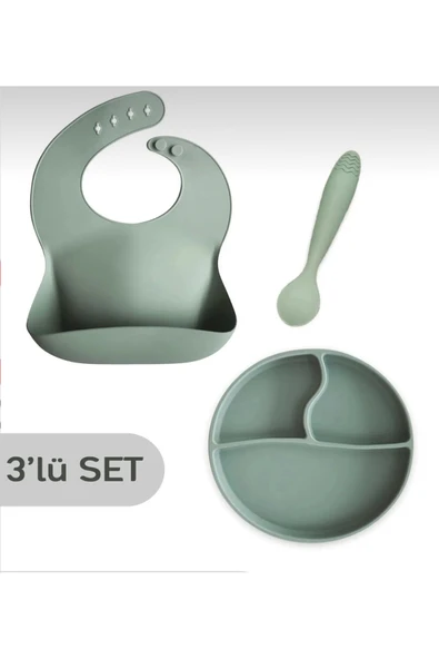 ermaslicon 3Lü silikon beslenme seti vakumlu tabak, önlük ,kaşık ürün görseli 1