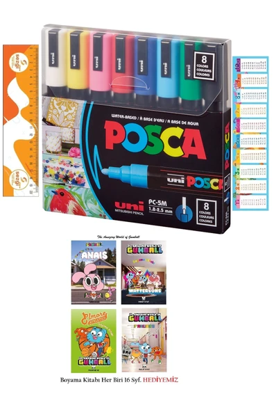Uni Poster Markörü 1.8-2.5 PC-5M/8C ANA RENK 8'Li ve 4 Adet Lisanslı Gumball Boyama Kitabı Hed ürün görseli 1