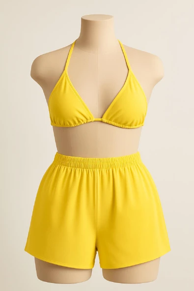 Kadın Sarı Şortlu Belden ve Boyundan Bağlamalı Bikini Takımı ürün görseli 1