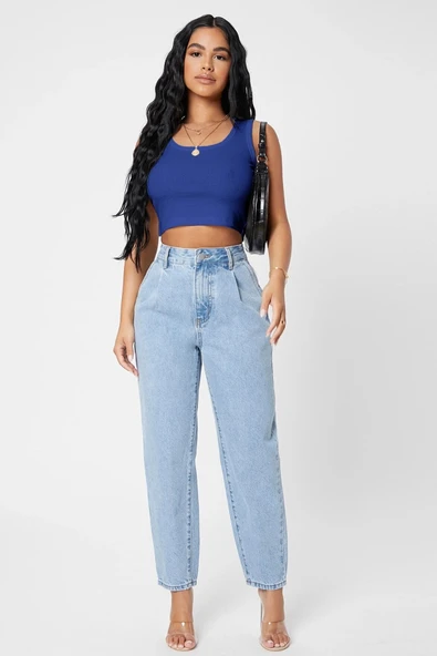 Kadın Lacivert Kare Yaka Crop Top Bluz ürün görseli 1