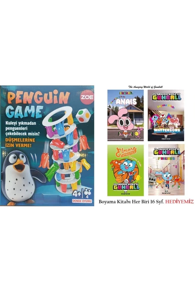 Zoe 4+ Yaş ve Üstü 4 Kişilik Penguin Game Denge Oyunu ve 4 Adet 16 Syf'lık Lisanslı Boyama Kitapları ürün görseli 1