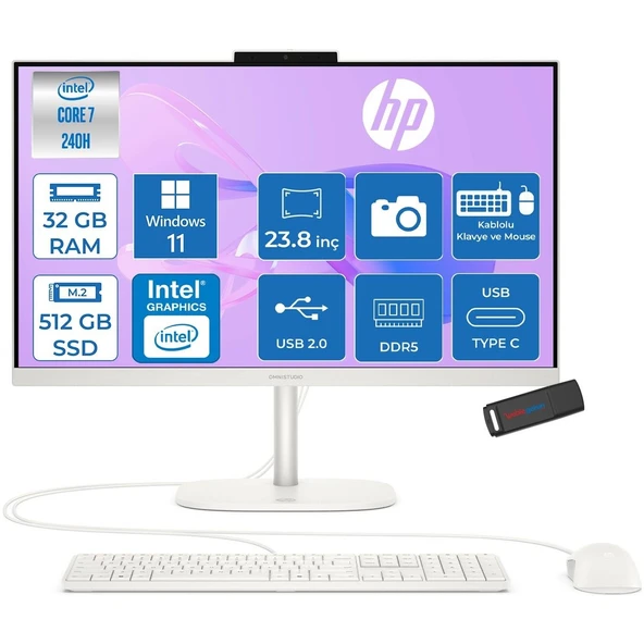 Omnistudio 24-CU0015NT Intel Core 7 240H 5.2 Ghz 32GB Ddr5 512GB SSD Windows 11 Pro Dokunmatik 23.8" Fhd (1920 x 1080) 75HZ Wled IPS Beyaz All In One Bilgisayar HPD62KSEAP09+ Zetta Bellek ürün görseli 1