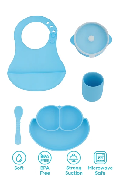 CKM silikon 5li silikon bebek beslenme seti mavi (bölmeli mama tabağı, sızdırmaz Kase, Kaşık, Bardak, önlük ) ürün görseli 1