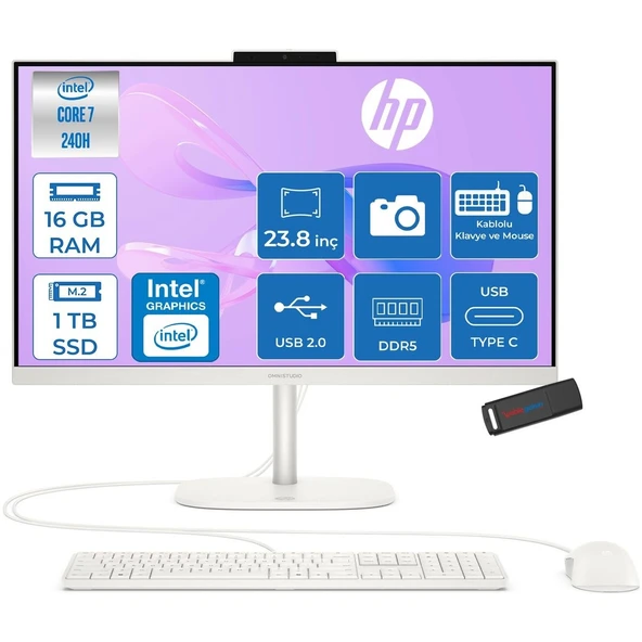 Omnistudio 24-CU0015NT Intel Core 7 240H 5.2 Ghz 16GB Ddr5 1tb SSD Freedos Dokunmatik 23.8" Fhd (1920 x 1080) 75HZ Wled IPS Beyaz All In One Bilgisayar HPD62KSEAF02+ Zetta Bellek ürün görseli 1