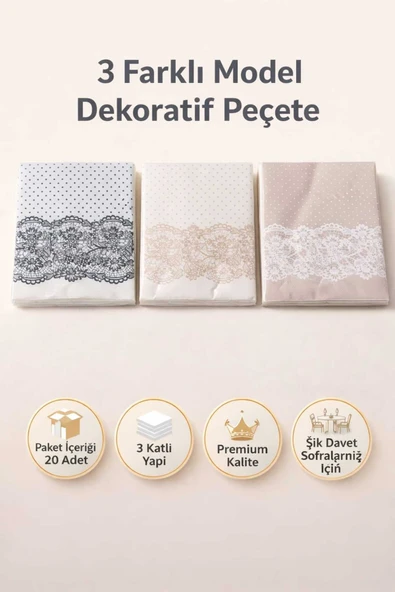 CKM silikon 3 Paket Vintage Dantel Desenli Peçete 20 Adet – 3 Katlı Premium ürün görseli 1
