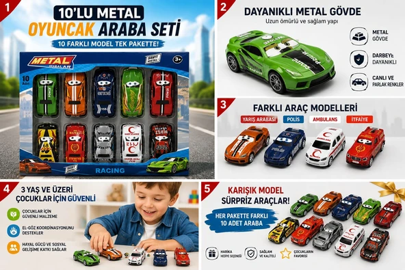 10'lu Metal Oyuncak Araba Seti Karışık Modeller Yarış Polis İtfaaiye Ambulans 3+ Yaş ürün görseli 1