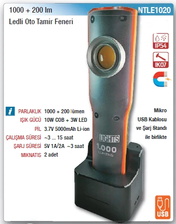 NTLE1020 1000+200LM LEDLİ OTO TAMİR FENERİ ürün görseli 1