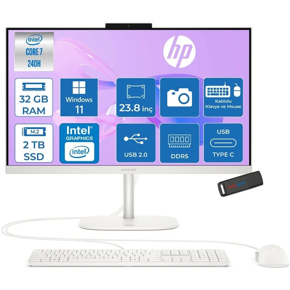 Omnistudio 24-CU0015NT Intel Core 7 240H 5.2 Ghz 32GB Ddr5 2tb SSD Windows 11 Home Dokunmatik 23.8" Fhd (1920 x 1080) 75HZ Wled IPS Beyaz All In One Bilgisayar HPD62KSEAH11+ Zetta Bellek ürün görseli 1
