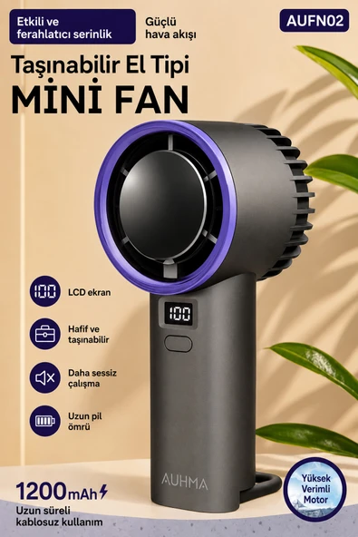 Güçlü Portatif Mini El Fanı 1200 mAh Dijital Ekranlı Şarjlı Vantilatör  5 Kademeli Fan Siyah ürün görseli 1