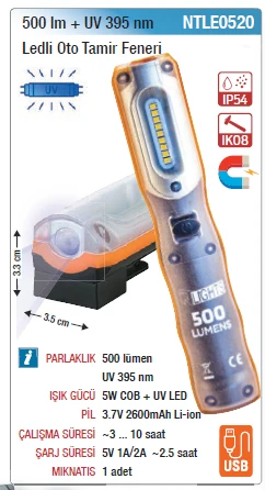 NTLE0520 500LM+UV 395NM LEDLİ OTO TAMİR FENERİ ürün görseli 1