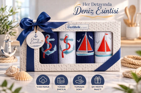 Özdilek Deniz Temalı 4’lü Nakışlı Mutfak & El Havlusu Seti 40X60 cm %100 Pamuk Ultra Yumuşak, Yüksek Emicilik, Şık Hediye Kutulu ürün görseli 1