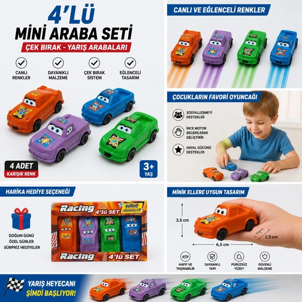 4'lü Mini Oyuncak Araba Seti Karışık Renkler ürün görseli 1