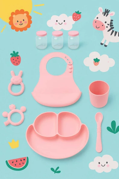 CKM silikon Bebek Beslenme Seti Pembe 9 Parça Silikon Mama Seti – BPA’sız – ürün görseli 1