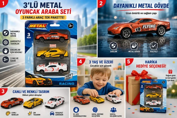 3'lü Metal Oyuncak Araba Seti Karışık Modeller Yarış Arabası Ambulans 3+Yaş ürün görseli 1