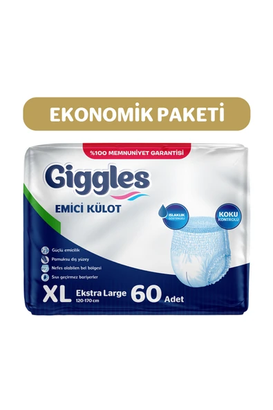 giggles Yetişkin Emici Külot Bez Ekstra Büyük Boy (XL) Bel Ölçüsü 120-170cm 2paket-60 Adet ürün görseli 1